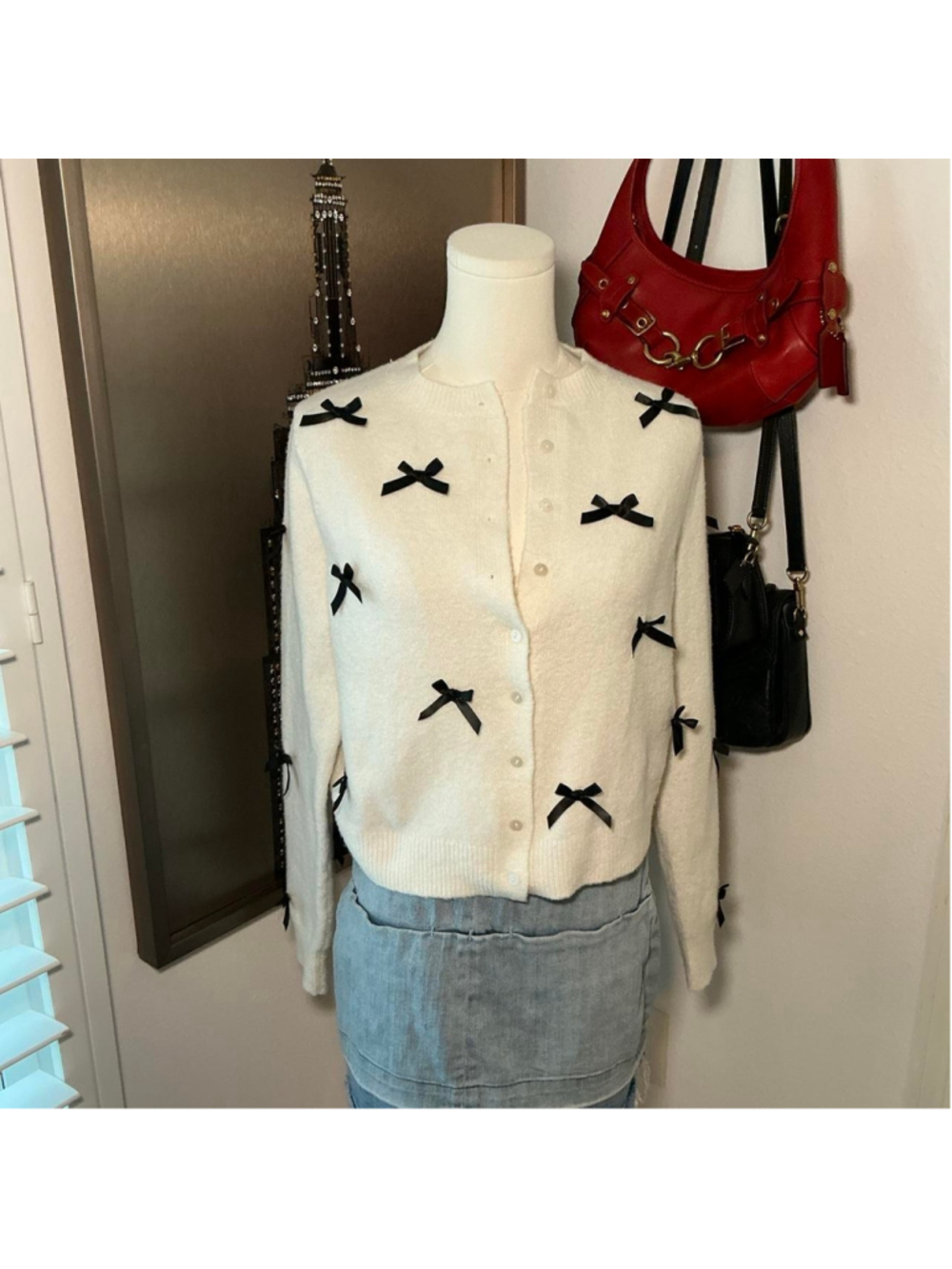 A New Day White Black Bow Cardigan Size S Coquette Balletcore